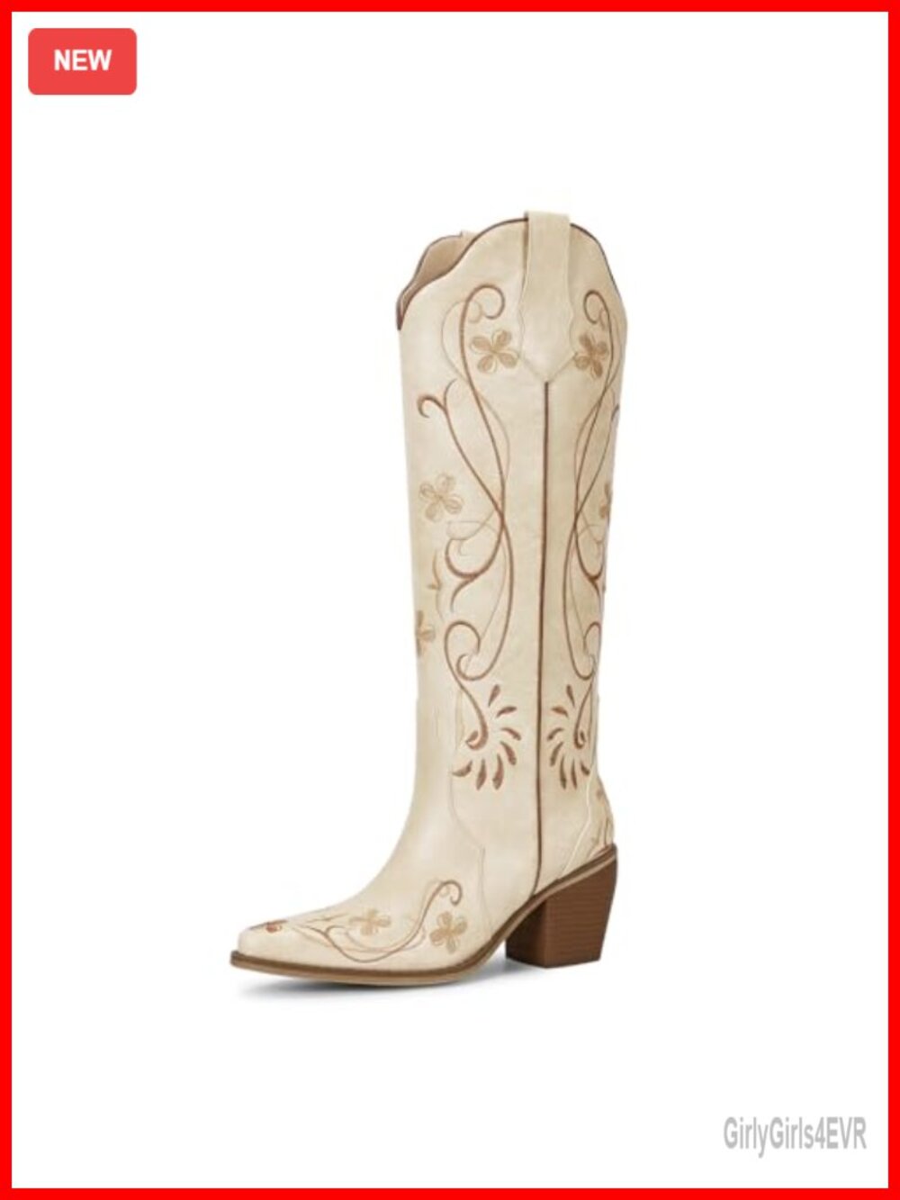 Faux Leather Knee High Western Boots Pointed Toe Floral